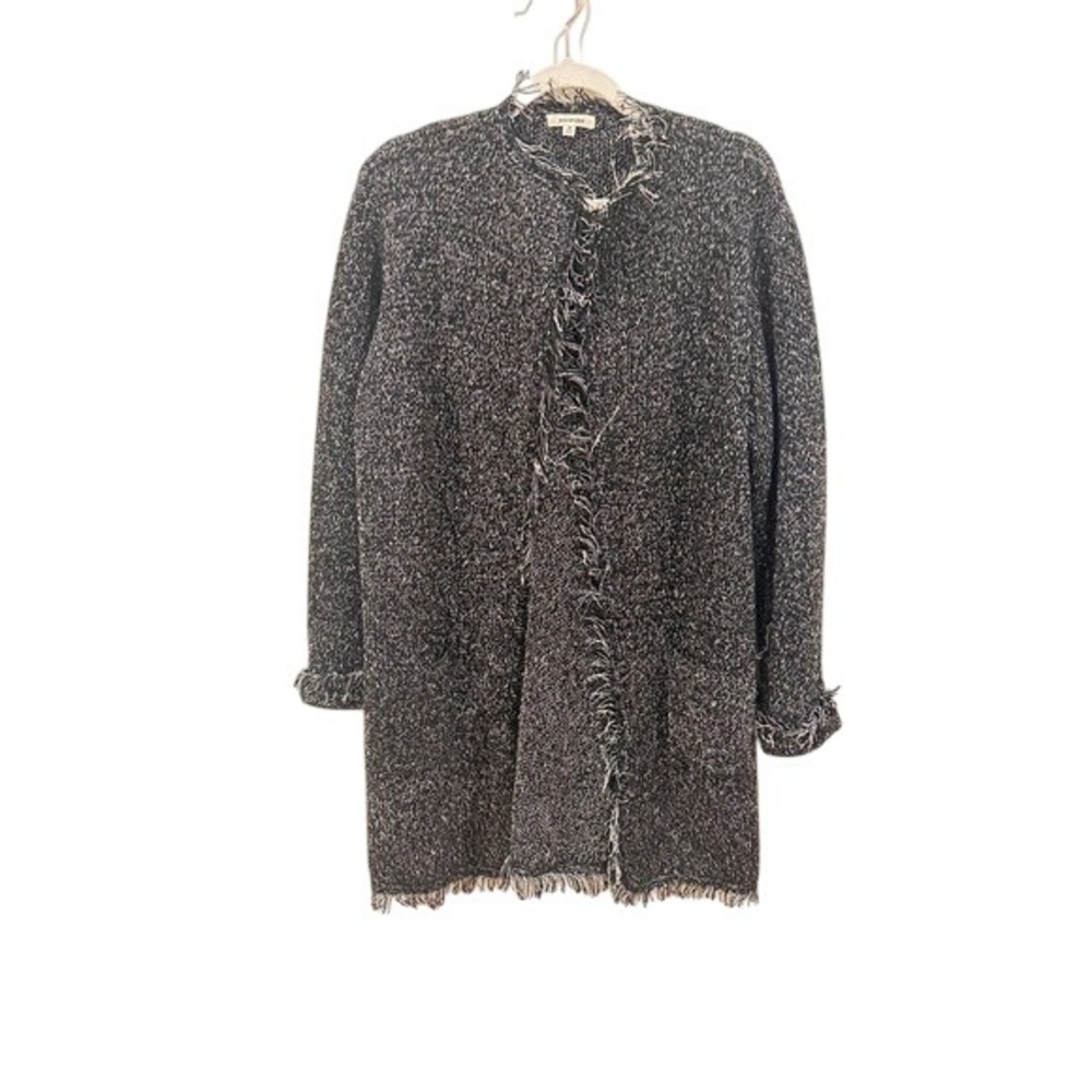 Max Studio Womens Marled Fringe Open Front Cardigan Black White M